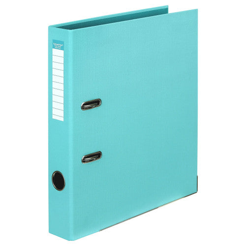 ColourHide A4 Half Lever Arch File in Aqua showing PE cover, contrast lining and spine label