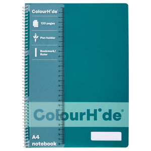 Teal green ColourHide A4 spiral notebook cover with a ruler strip naming 120 pages, pen holder and bookmark ruler, and an A4 notebook label