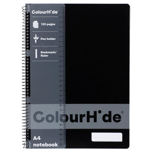 ColourHide A4 black spiral notebook with protective PP cover, pen holder and reusable ruler