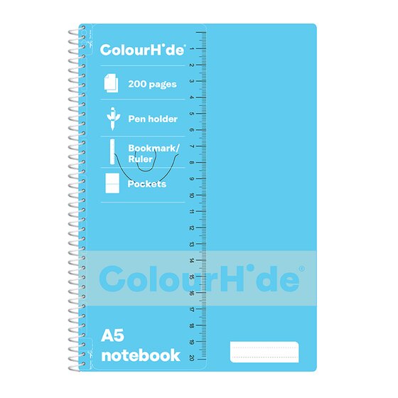 Light blue ColourHide A5 notebook cover with a strip listing 200 pages, pen holder, bookmark ruler and pockets