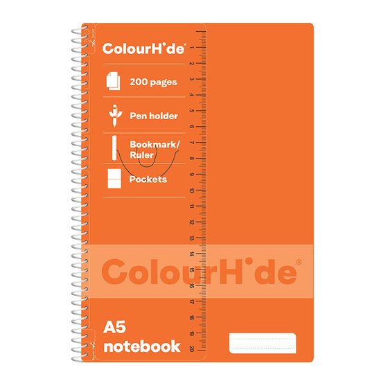 Orange ColourHide A5 notebook cover printed 200 pages, pen holder and pockets, with an A5 notebook label