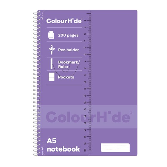 Purple ColourHide A5 spiral notebook, cover strip naming 200 pages and a bookmark ruler