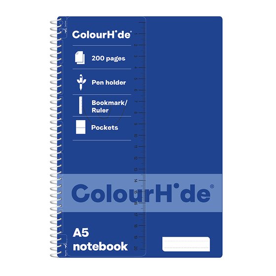 Dark blue ColourHide A5 spiral notebook with a lighter blue strip and the words A5 notebook