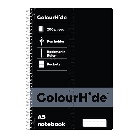 Black ColourHide A5 spiral notebook with a grey strip listing 200 pages, pen holder, bookmark ruler and pockets