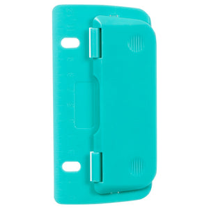 Aqua ColourHide Bindermate 2 hole punch seen from above, ruler scale along the left edge, two oval slots and a hinged lid over two punch heads