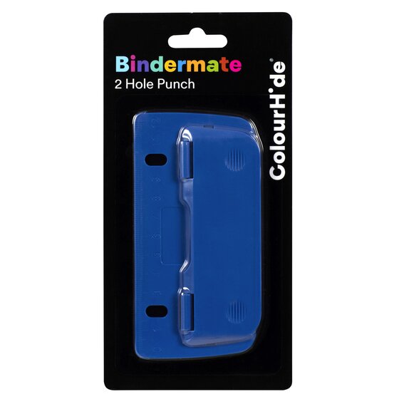 ColourHide Bindermate 2 Hole Punch on a black header card, a dark blue punch held in a clear blister with the ColourHide name down the right side