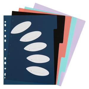 ColourHide Bindermate A4 five tab divider set fanned out in navy, black, coral, aqua and lilac with oval write-on panels
