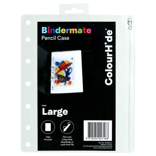 ColourHide Bindermate large clear A4 pencil case with zip closure, front view