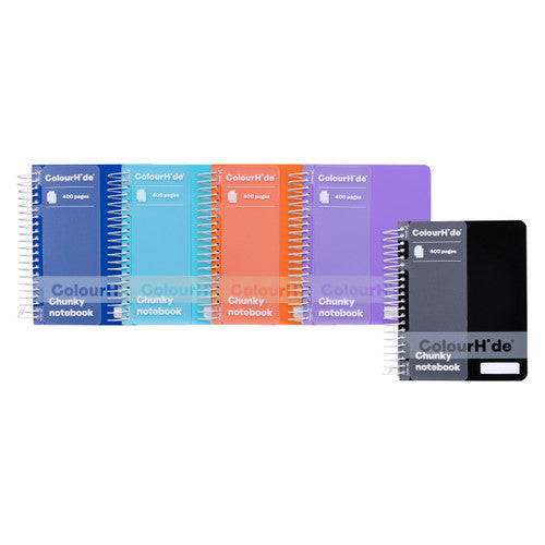 Five ColourHide chunky notebooks fanned out in dark blue, light blue, orange, purple and black covers