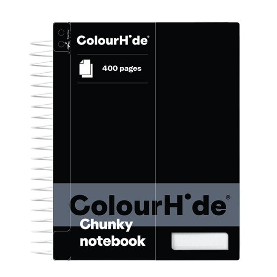 ColourHide chunky notebook with a black cover printed 400 pages and Chunky notebook above a white name panel