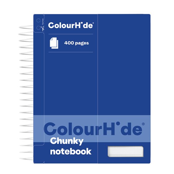 ColourHide chunky notebook with a dark blue cover printed 400 pages and a white name panel