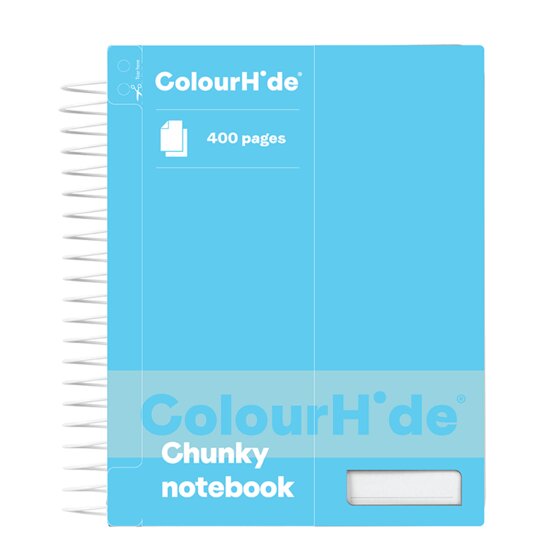 ColourHide chunky notebook with a light blue cover printed 400 pages and a white name panel