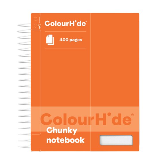 ColourHide chunky notebook with an orange cover printed 400 pages and a white name panel