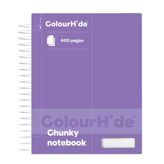 ColourHide chunky notebook with a purple cover printed 400 pages and a white name panel