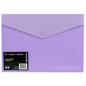 ColourHide lavender A4 document wallet with a paler envelope flap, round button closure and a black header card
