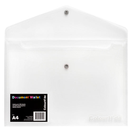Pack of 10 ColourHide clear A4 document wallets fanned out on a white background