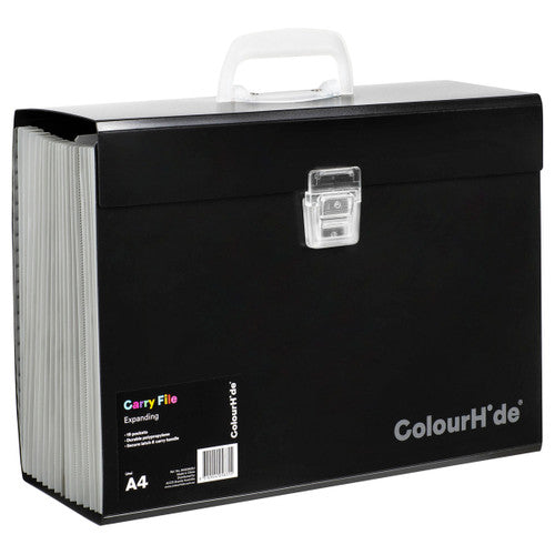 ColourHide black A4 expanding carry file closed, clear handle and latch, header card listing 19 pockets and polypropylene