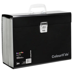 ColourHide black A4 expanding carry file closed, clear handle and latch, header card listing 19 pockets and polypropylene