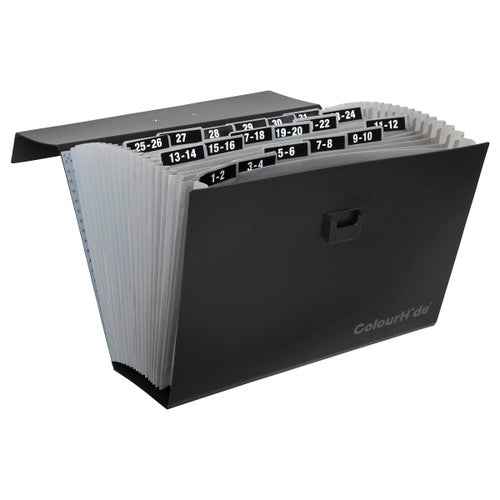 ColourHide black expanding carry file opened, grey pockets fanned out with black numbered tab labels along the top