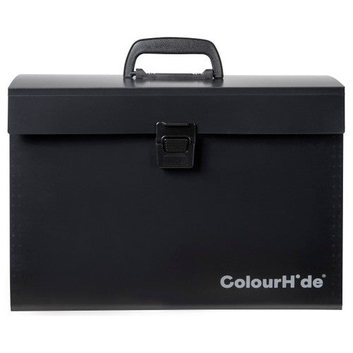 Earlier ColourHide black expanding carry file photo, closed, shown with a black handle and black latch