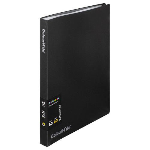ColourHide black A4 fixed display book standing at an angle, spine band showing heavy weight 60 micron and 40 sleeves