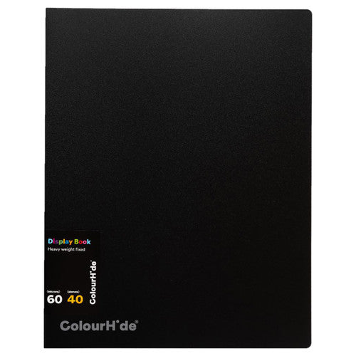 Front of the ColourHide black A4 display book, plain textured cover with the ColourHide logo in grey