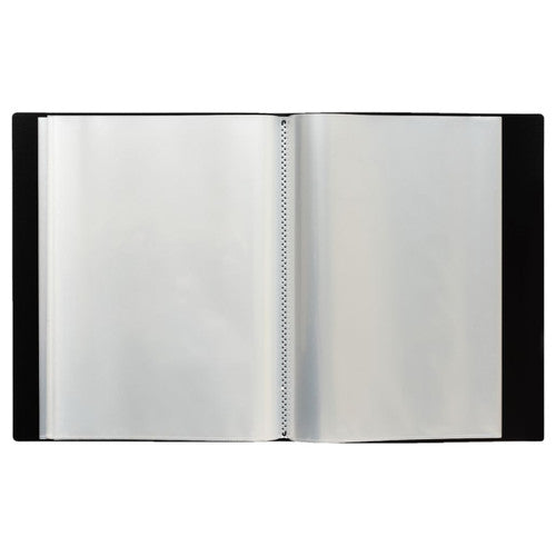 ColourHide black display book opened flat showing clear fixed sleeves bound at the spine