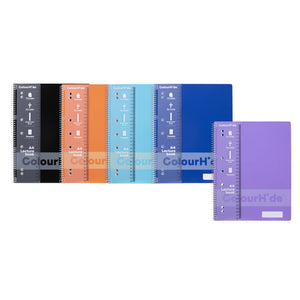Five ColourHide A4 lecture books fanned out in black, orange, light blue, dark blue and purple covers