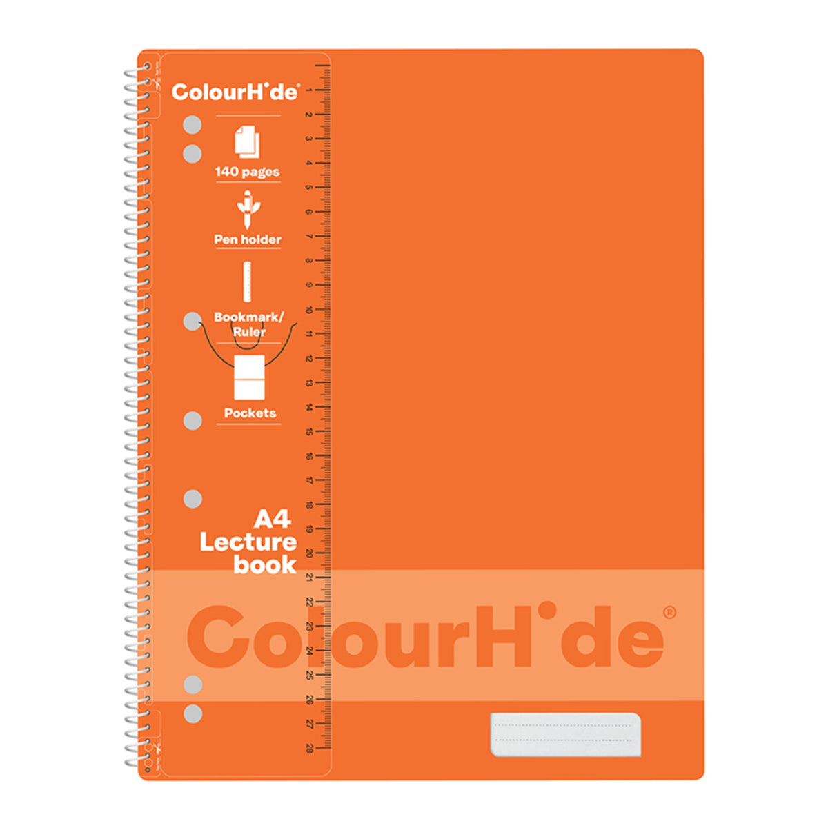 ColourHide A4 lecture book in orange with a clear ruler strip printed with page count and pen holder icons