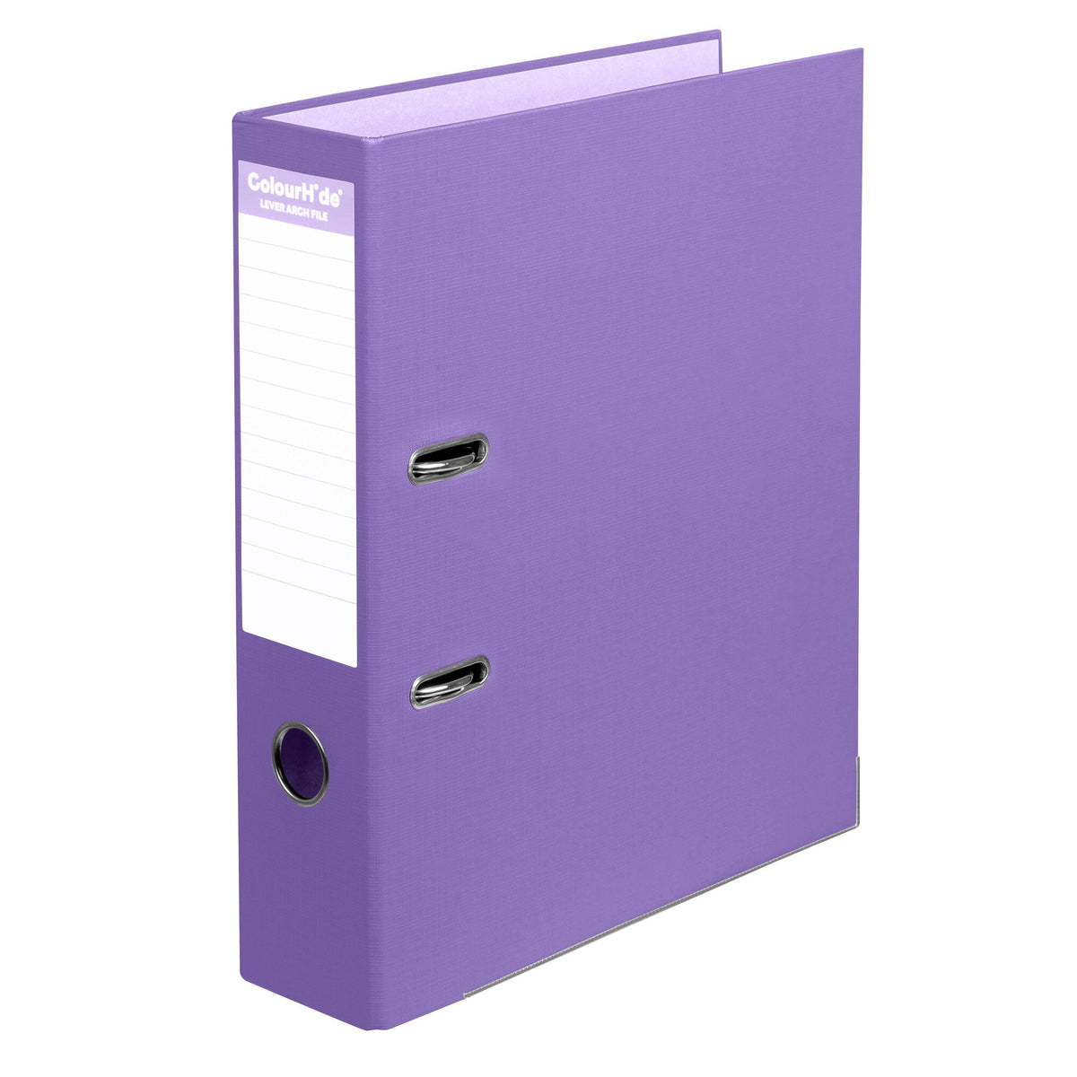 ColourHide lavender A4 lever arch file standing upright with a white ruled spine label and a round finger hole