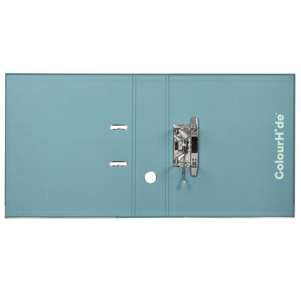 ColourHide teal green lever arch file opened flat showing the lever arch mechanism on a lighter teal lining