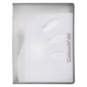 Clear frosted ColourHide My Zipper Binder lying flat, grey zip edging, three petal cut-outs and a vertical ColourHide logo on the cover