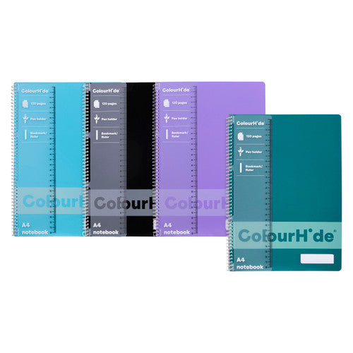 ColourHide A4 spiral notebooks in four assorted colours showing pen holder and PP cover