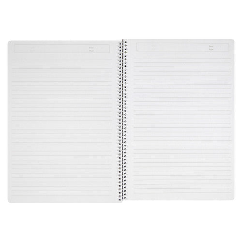Close-up of ColourHide A4 notebook showing ruled perforated pages and built-in pen holder