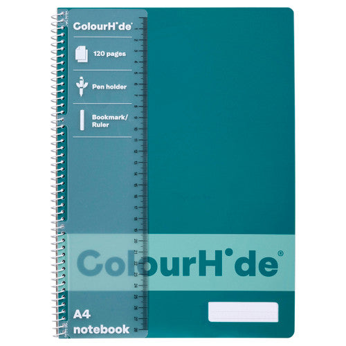 ColourHide A4 Spiral Notebook in Teal Green showing front PP cover and pen holder