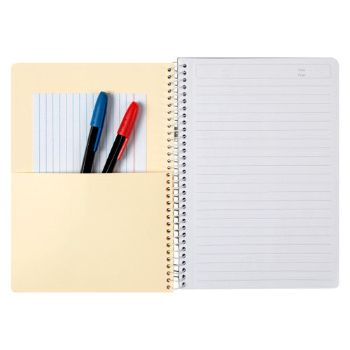 Open ColourHide A5 notebook showing ruled micro-perforated pages and double-sided pocket