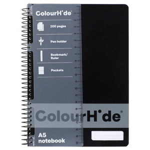 ColourHide A5 spiral notebook with black PP cover, front view on white background