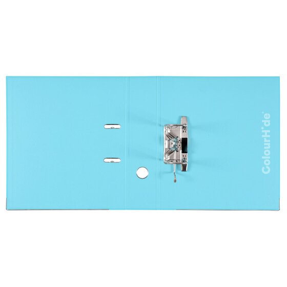 ColourHide sky blue lever arch file opened flat showing the lever arch mechanism on a pale blue lining