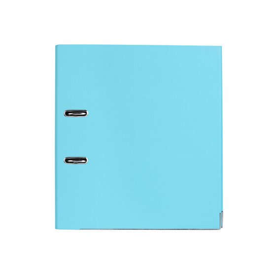 Front cover of the sky blue ColourHide lever arch file with two metal-rimmed openings near the spine edge