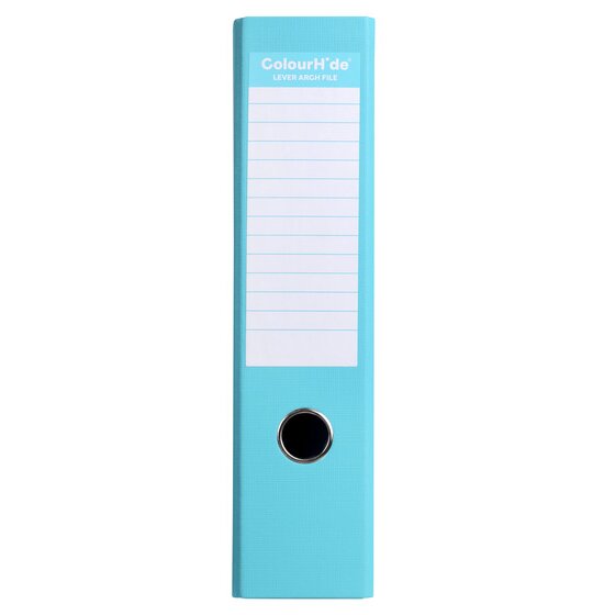 Spine of the sky blue ColourHide lever arch file with a tall ruled white label and a black-rimmed finger hole