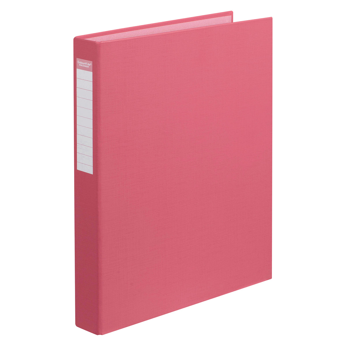 ColourHide watermelon A4 ring binder standing upright, a textured pink-red PE cover with a white ruled label window down the spine