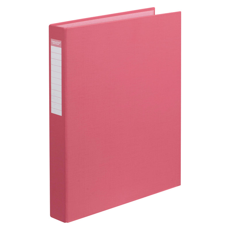 ColourHide watermelon A4 ring binder standing upright, a textured pink-red PE cover with a white ruled label window down the spine