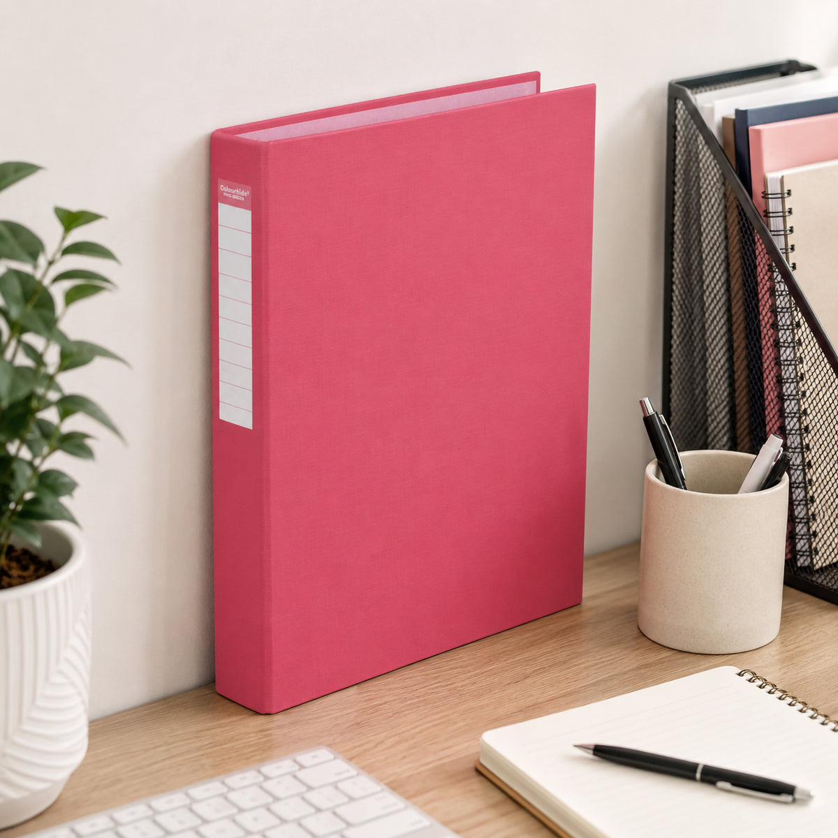 Illustrative desk scene from our earlier listing: a watermelon pink binder standing on a desk beside a keyboard, plant and file rack
