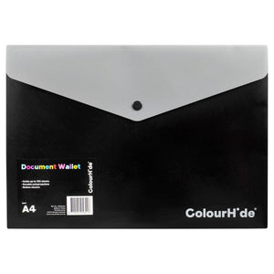 ColourHide black PP document wallet with button closure, A4 size, front view on white background