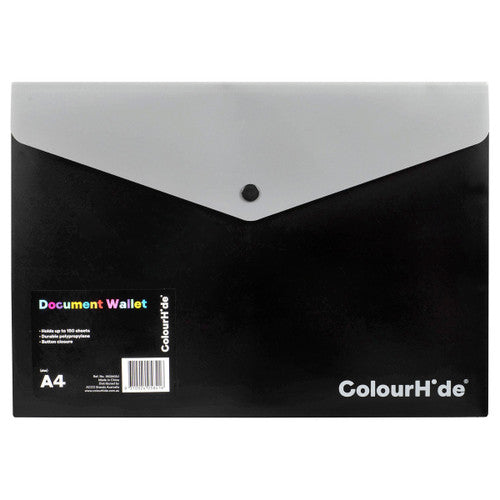 ColourHide black PP document wallet with button closure, A4 size, front view on white background