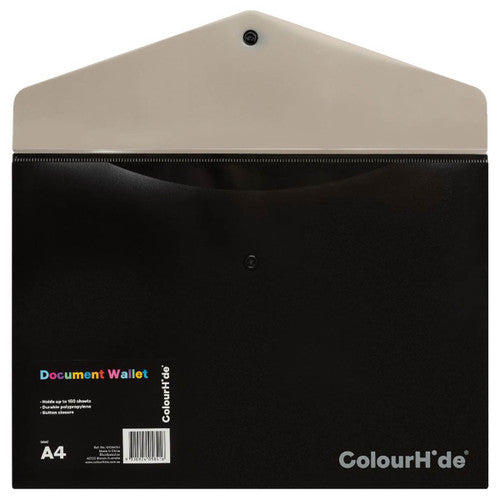 Close-up of button closure detail on ColourHide black A4 document wallet