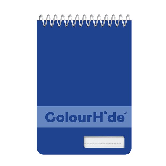 Blue ColourHide pocket notebook with a top spiral, a lighter band with the ColourHide name and a white label panel