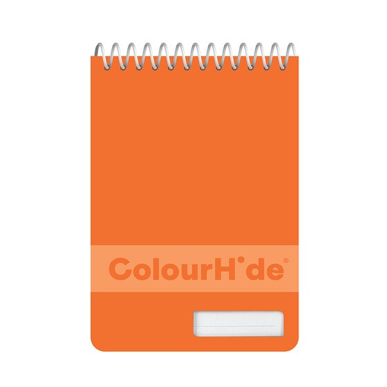 Orange ColourHide top opening pocket notebook with a pale orange name band and label