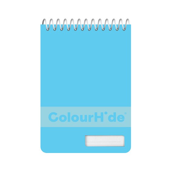 Light blue ColourHide pocket notebook, spiral across the top and a label panel at the foot