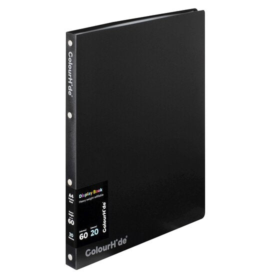 Black ColourHide A4 refillable display book standing at an angle, a printed ColourHide band round the spine and two round clip studs on the spine edge